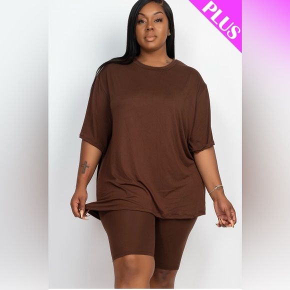 Chocolate Brown Lounge Set 2-Piece Short Sleeve Oversized Top & Biker Shorts - Picture 2 of 10